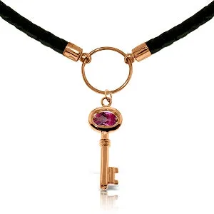 0.5 Carat 14K Solid Rose Gold Leather Key Necklace Pink Topaz