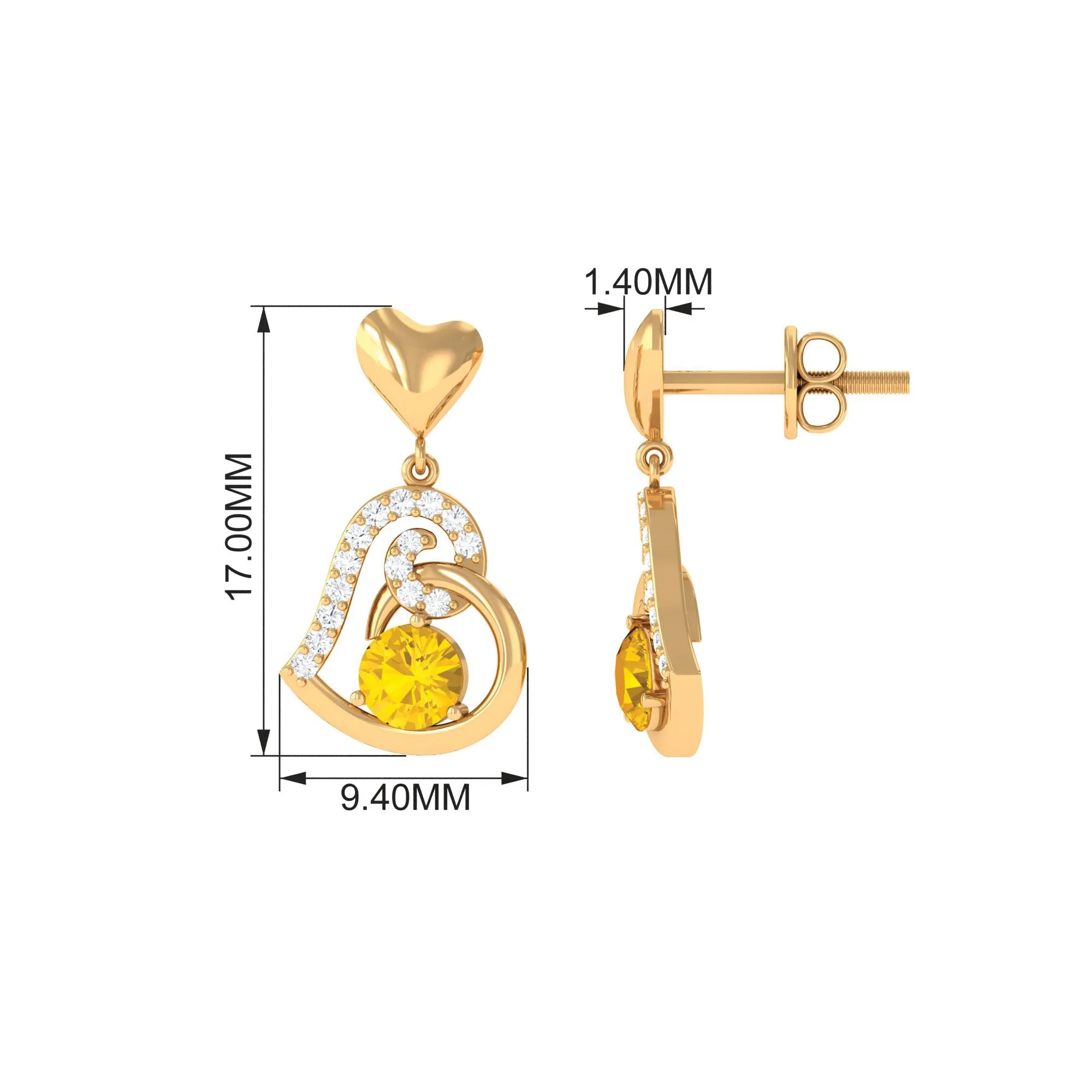 0.75 CT Yellow Sapphire and Diamond Heart Drop Earrings