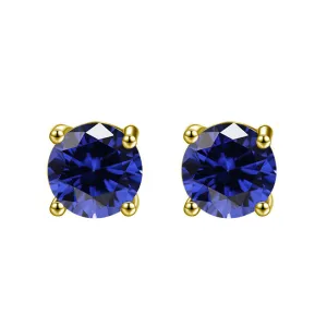 10k Yellow Gold Plated 3 Carat Round Created Blue Sapphire Stud Earrings