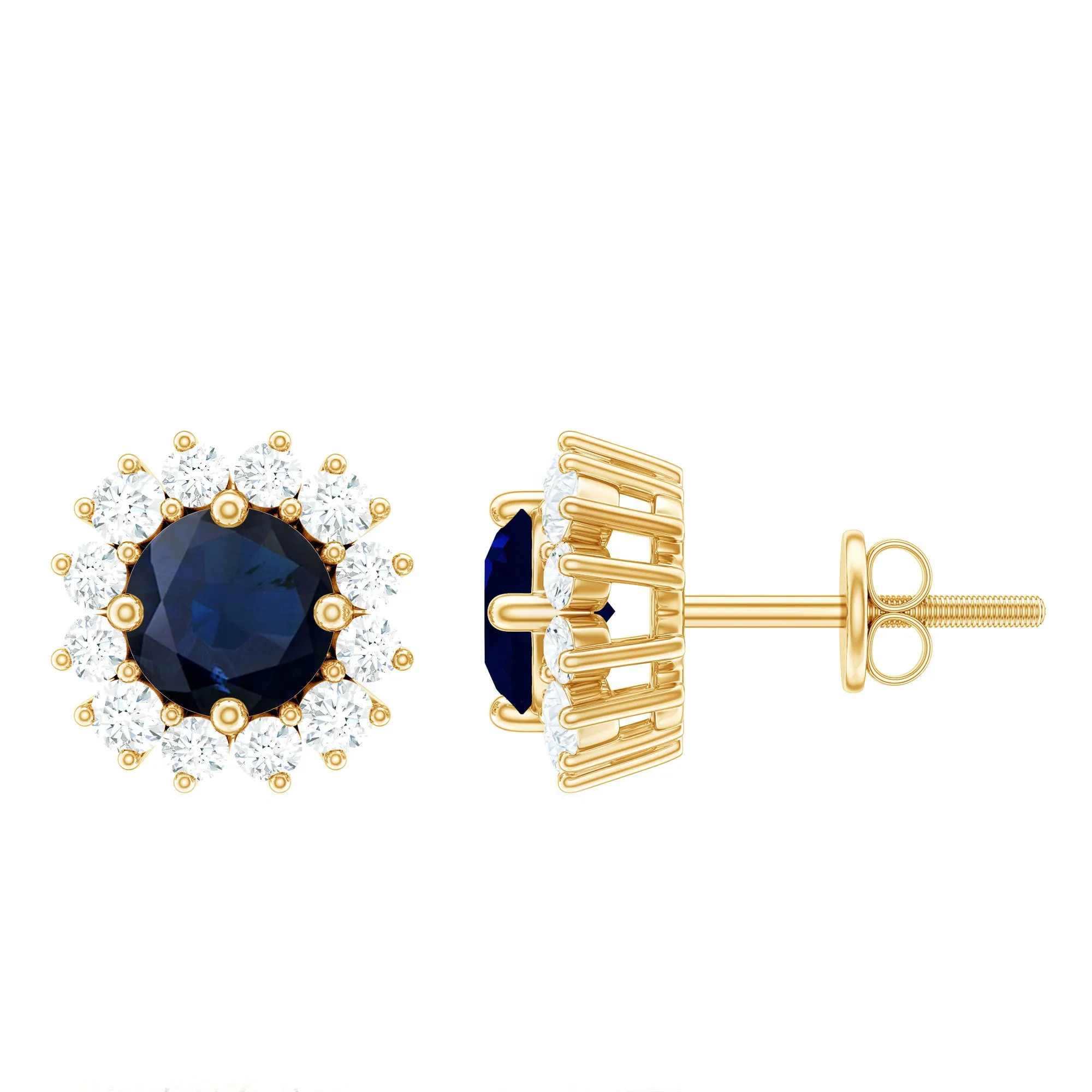 1.25 CT Classic Blue Sapphire and Diamond Halo Stud Earrings