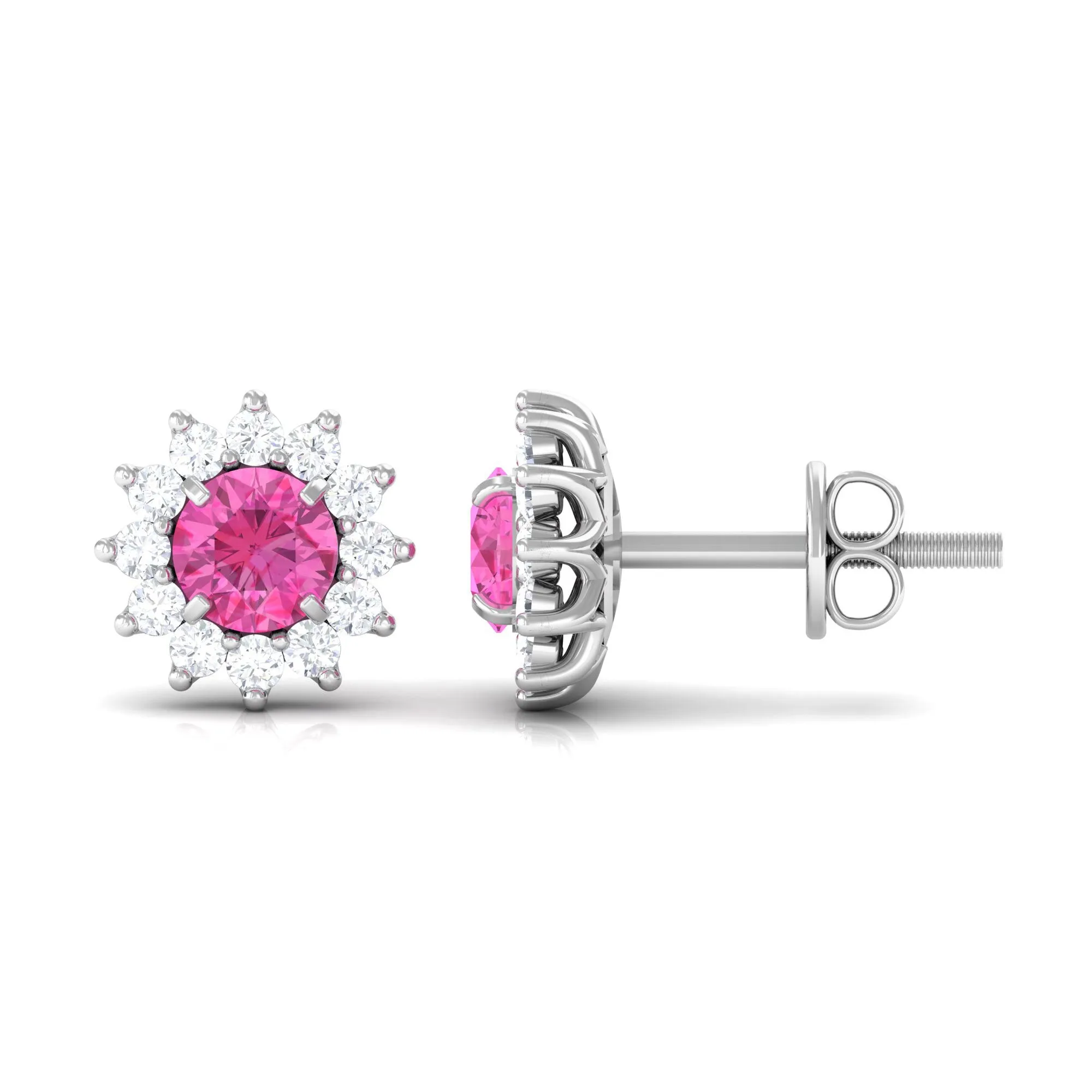 1.25 CT Pink Sapphire Flower Stud Earrings with Diamond Halo