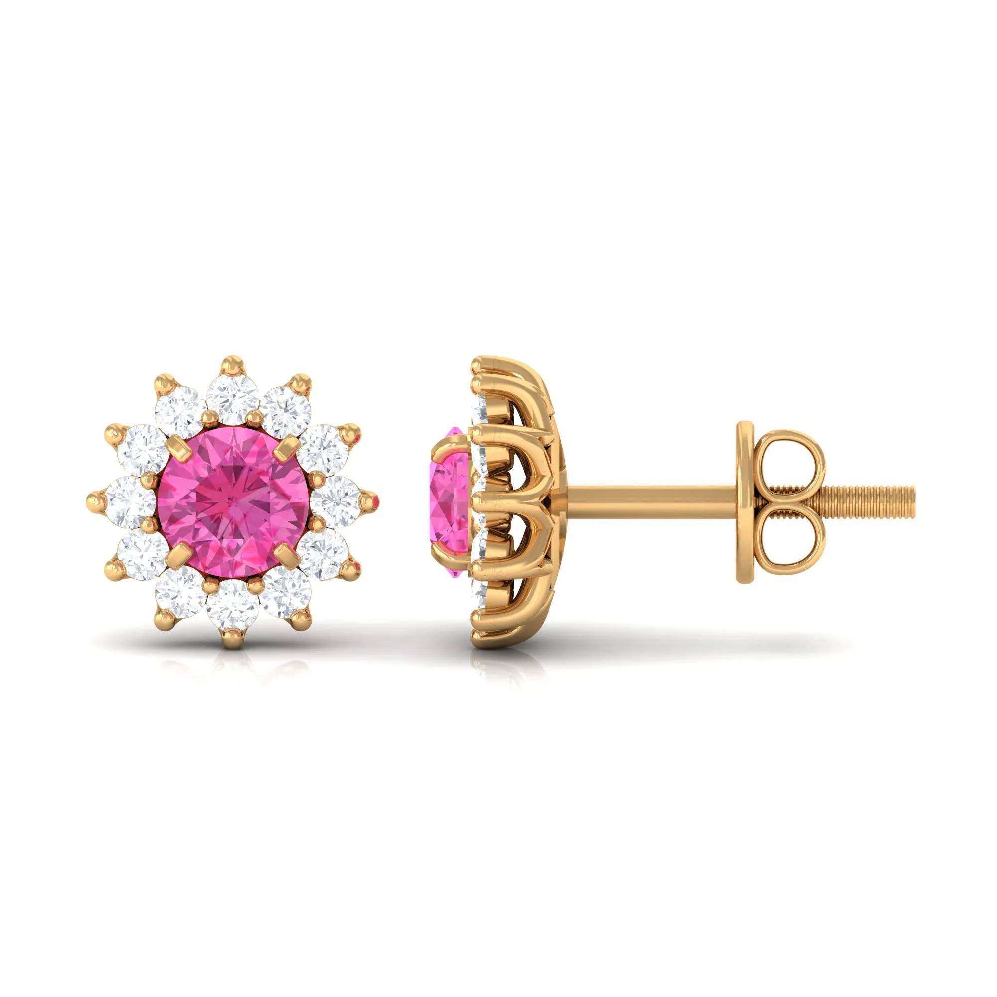 1.25 CT Pink Sapphire Flower Stud Earrings with Diamond Halo