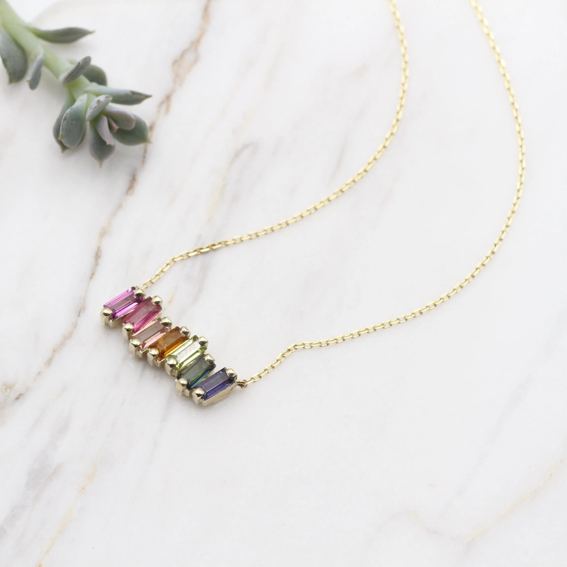 14k Gold Rainbow Baguette Bar Necklace