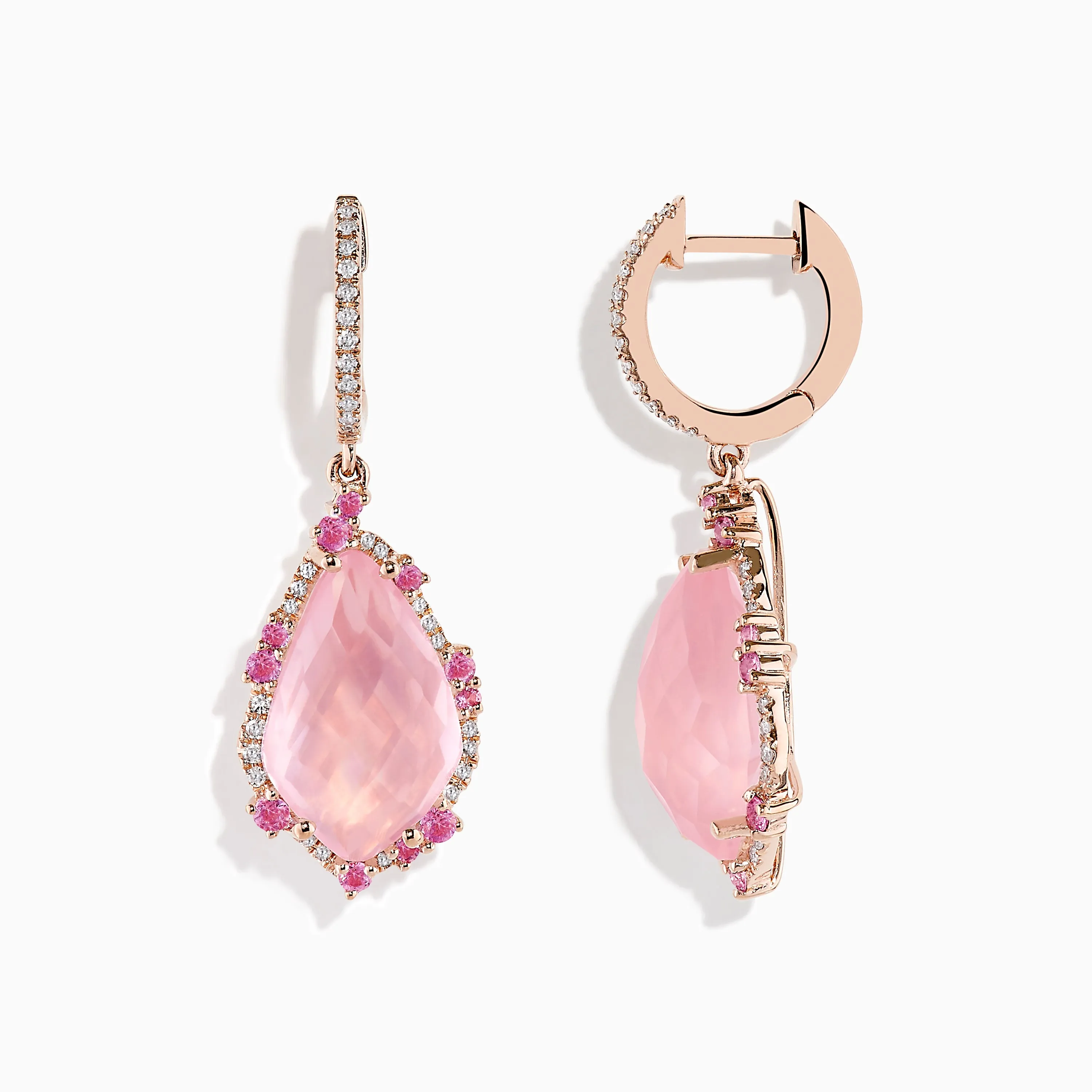 14K Rose Gold Rose Quartz and Pink Sapphire Diamond Earrings