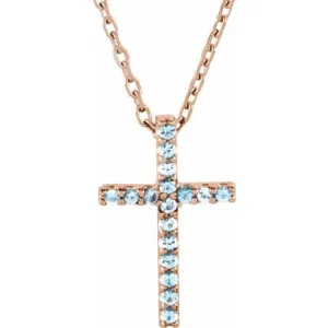 14K Rose Natural Aquamarine Petite Cross 16" Necklace