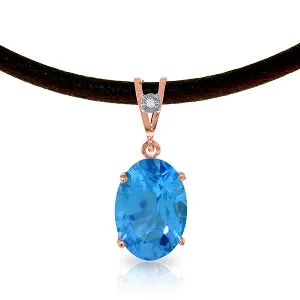 14K Solid Rose Gold & Leather Diamond/Blue Topaz Oval Cut Necklace