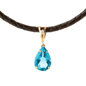 14K Solid Rose Gold & Leather Diamond/Blue Topaz Pear Cut Necklace