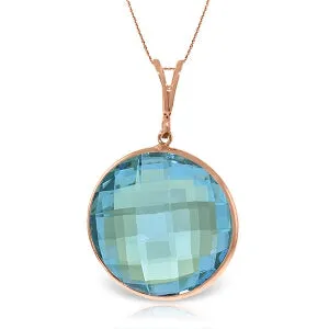 14K Solid Rose Gold Round Blue Topaz Necklace Certified