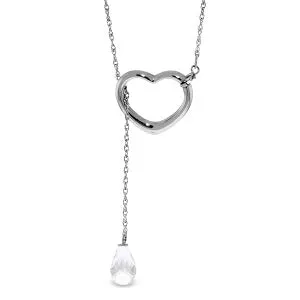 14K Solid White Gold Heart Necklace w/ Drop Briolette Natural White Topaz