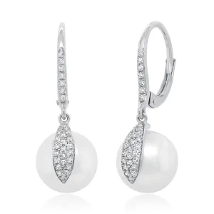 14K White Gold Cultured Pearl Dangle Earrings with Diamonds