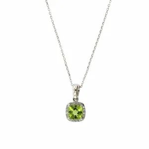 14K White Gold Cushion Peridot Diamond Halo Necklace