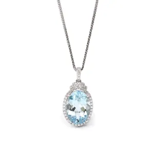 14k White Gold Natural Oval Aquamarine Necklace With Diamond