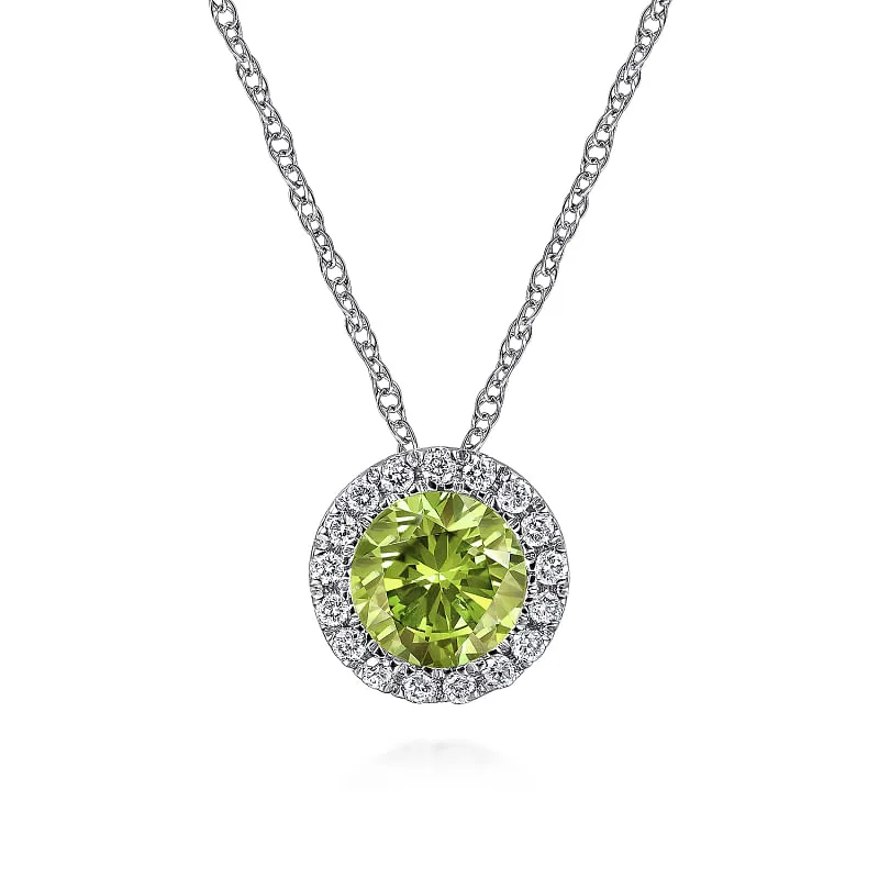 14K White Gold Peridot and Diamond Halo Pendant Necklace