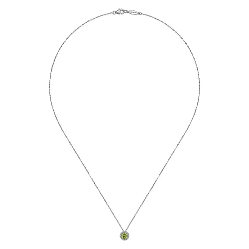 14K White Gold Peridot and Diamond Halo Pendant Necklace