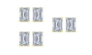 14k Yellow Gold 1Ct Emerald Cut White Sapphire Set Of Three Stud Earrings Plated