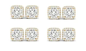 14k Yellow Gold 4mm 2Ct Cushion Cut White Sapphire Set Of Four Halo Stud Earrings Plated