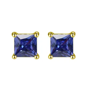 14k Yellow Gold Plated 4 Carat Square Created Blue Sapphire Stud Earrings