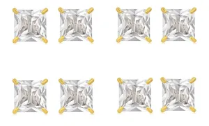 14k Yellow Gold Plated 4Ct Square Cut White Sapphire Set Of Four Stud Earrings