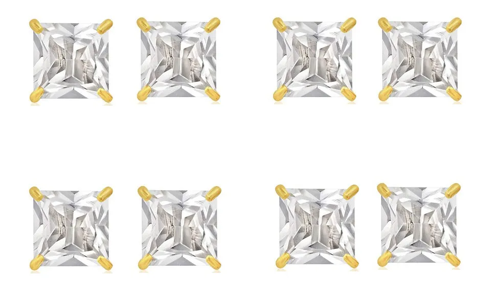 14k Yellow Gold Plated 4Ct Square Cut White Sapphire Set Of Four Stud Earrings