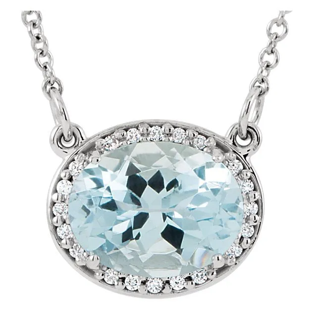 14KT GOLD 1.70 CT AQUAMARINE & .05 CTW DIAMOND HALO NECKLACE