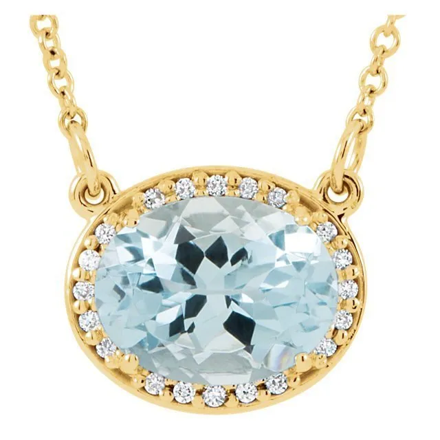 14KT GOLD 1.70 CT AQUAMARINE & .05 CTW DIAMOND HALO NECKLACE