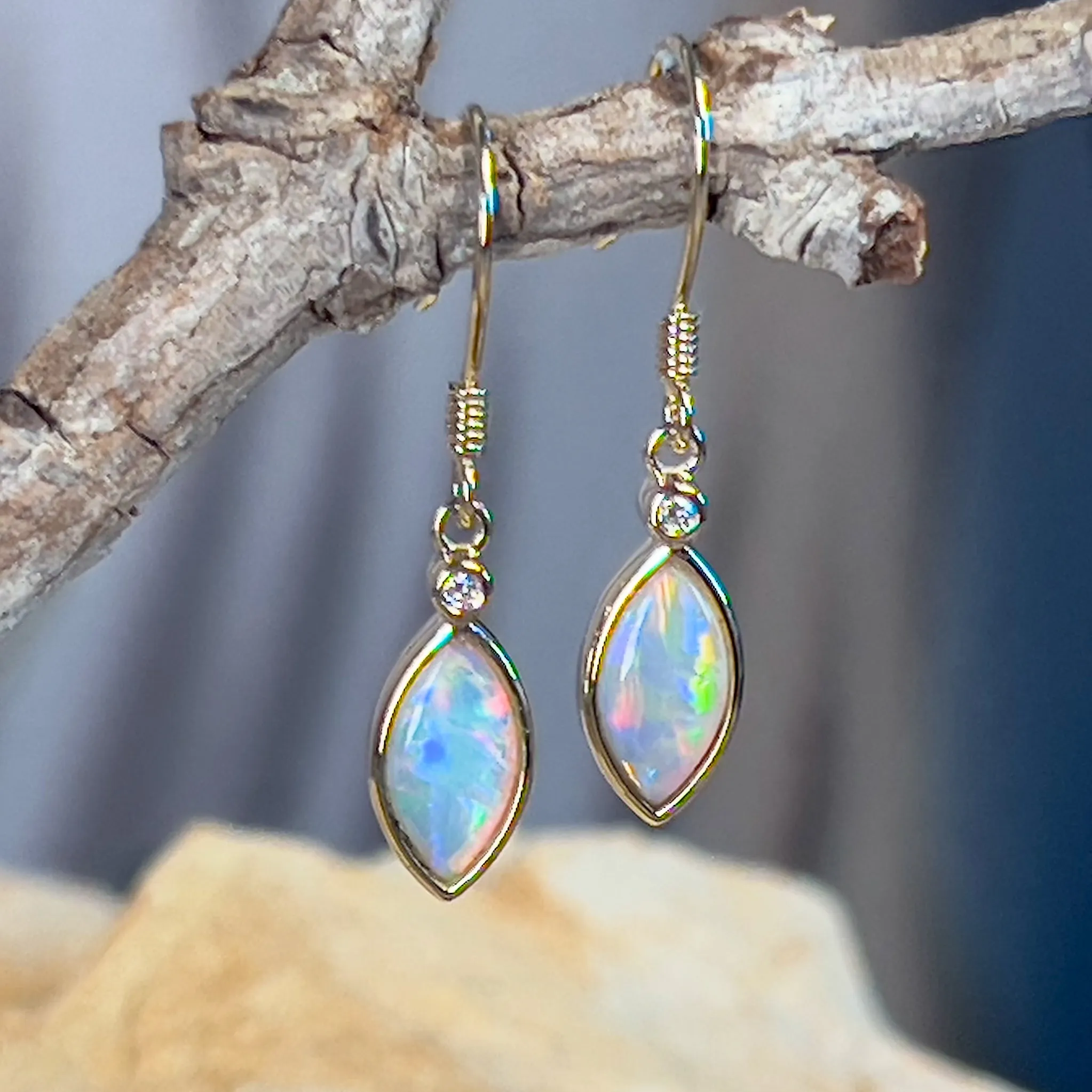 14kt Yellow Gold dangling Marquise shape Crystal Opal earrings