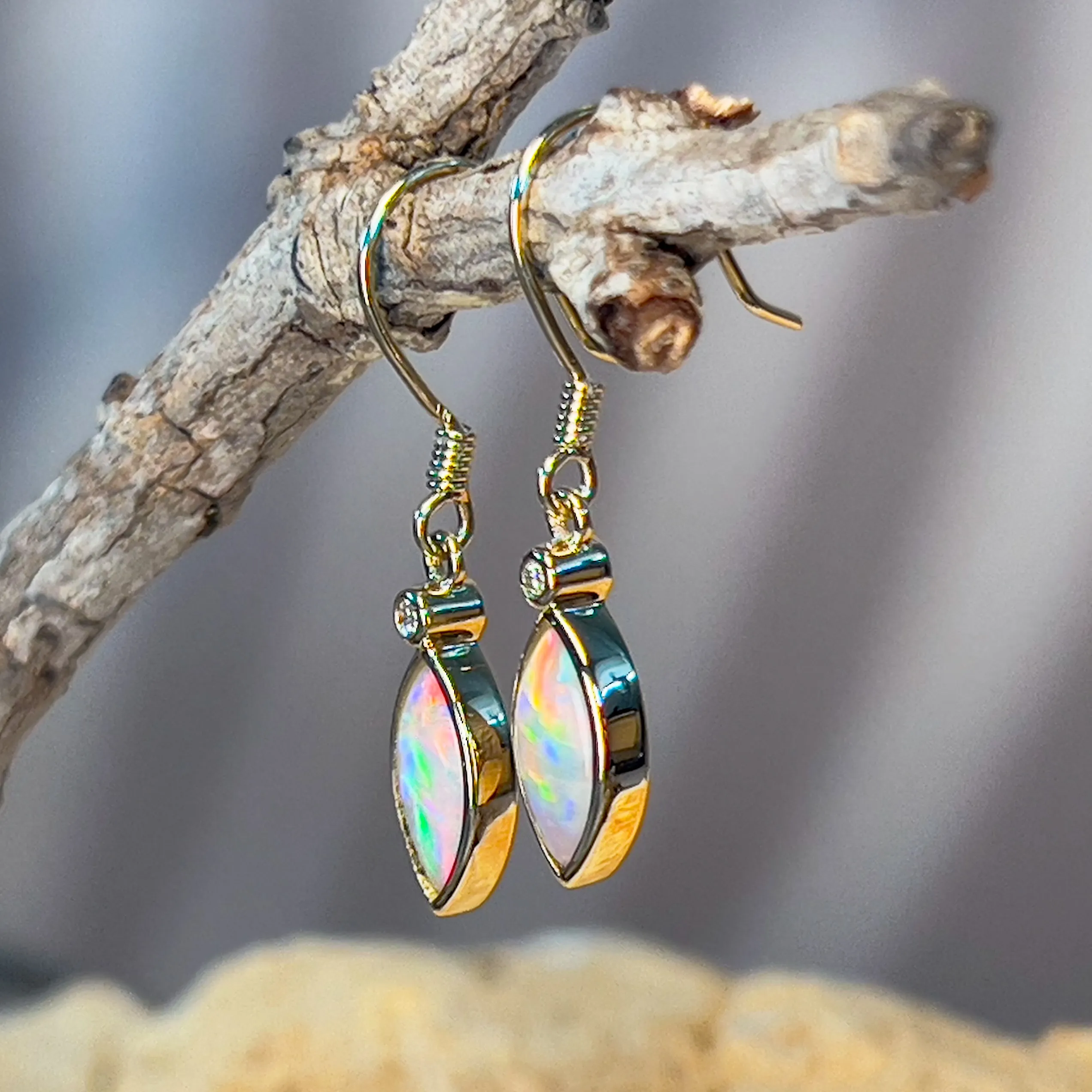 14kt Yellow Gold dangling Marquise shape Crystal Opal earrings