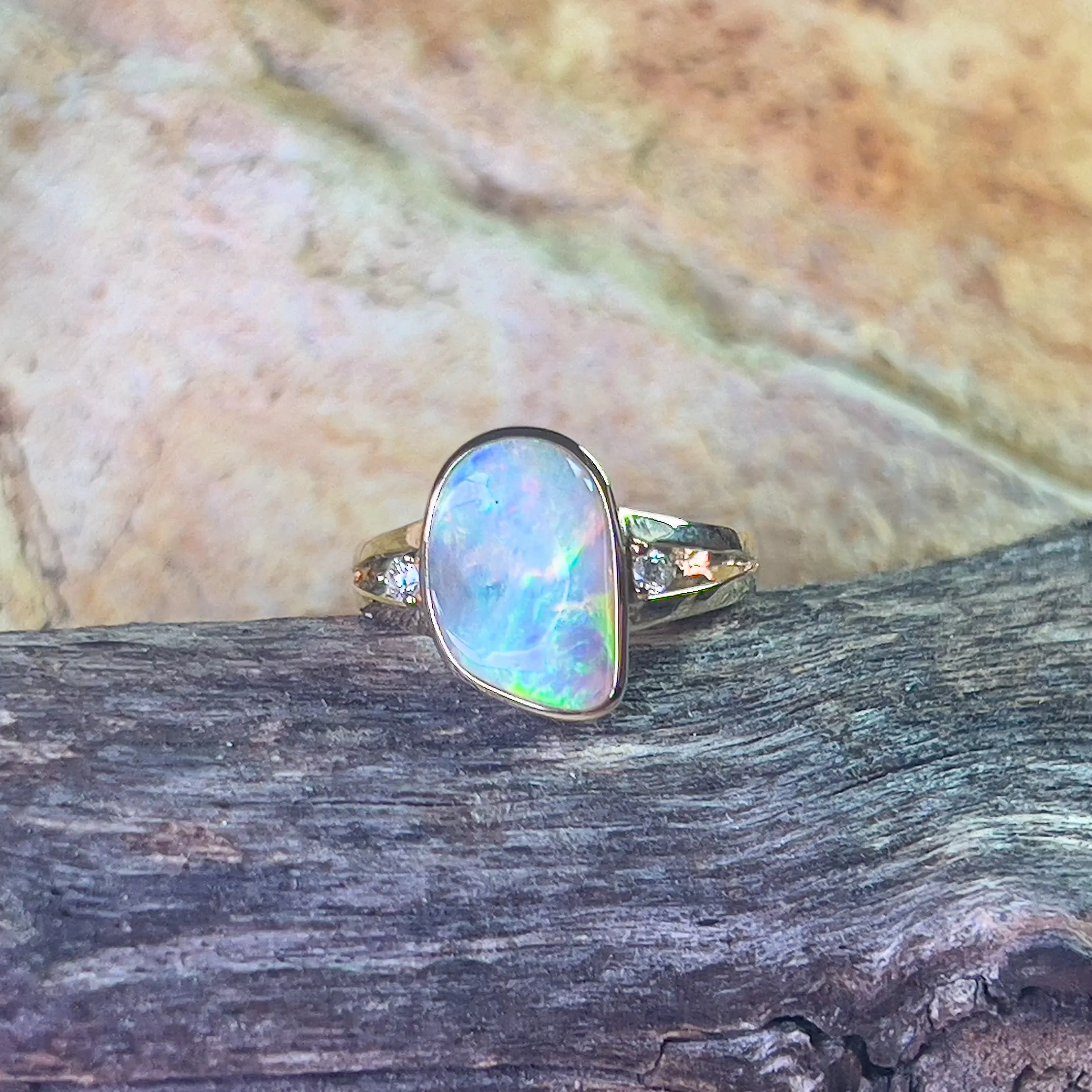 14kt Yellow gold freeform 1.53ct Crystal Opal and diamond ring