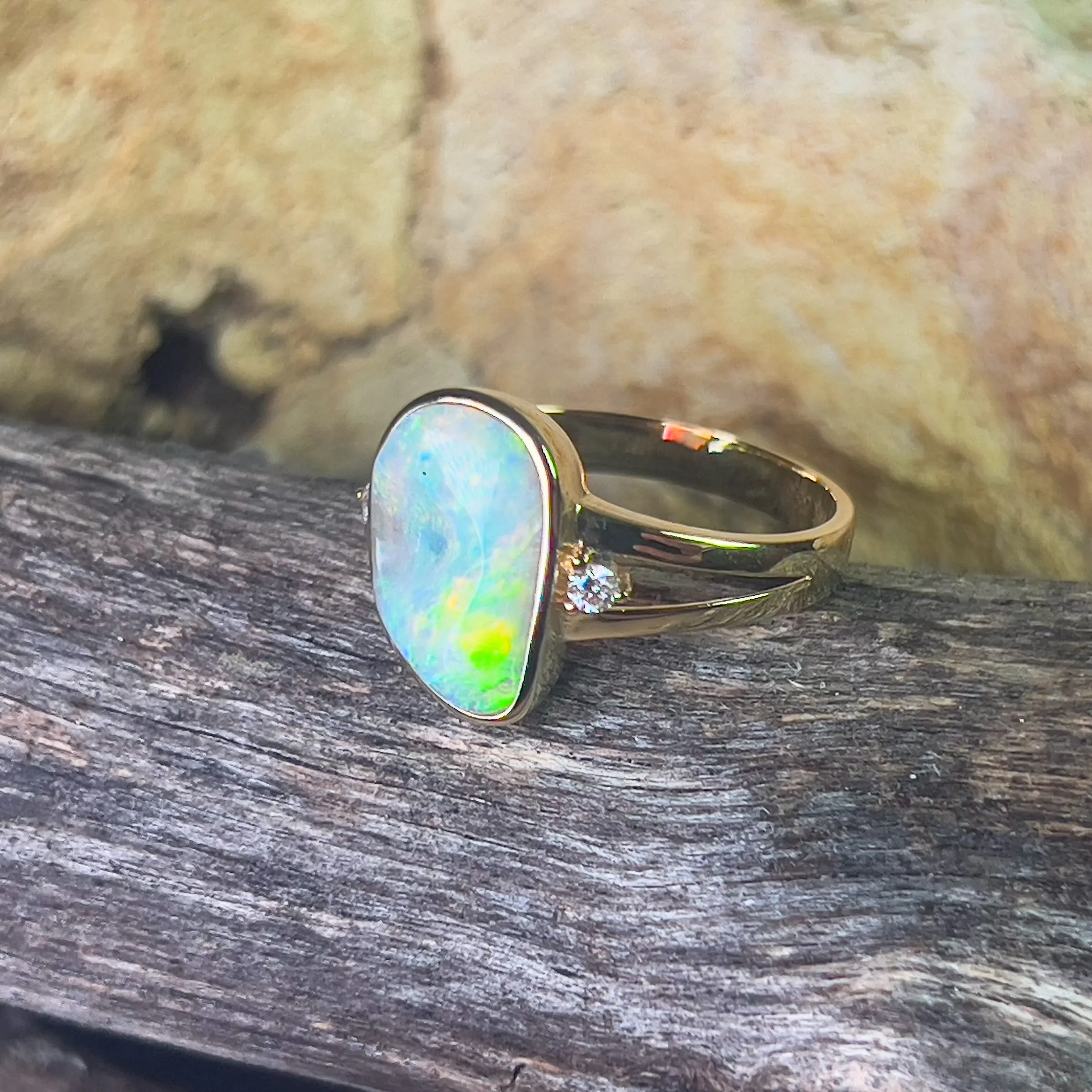 14kt Yellow gold freeform 1.53ct Crystal Opal and diamond ring