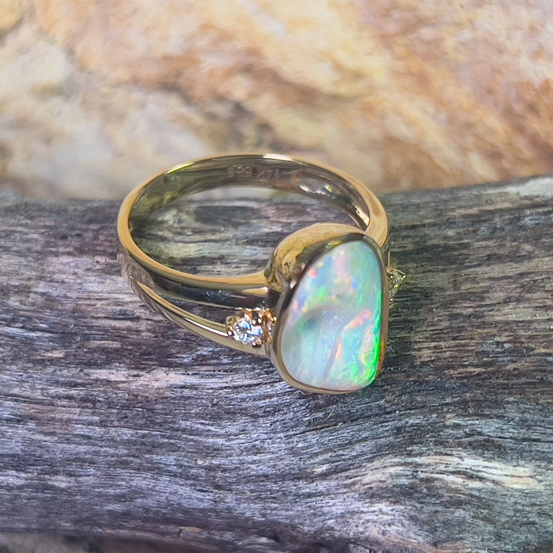 14kt Yellow gold freeform 1.53ct Crystal Opal and diamond ring