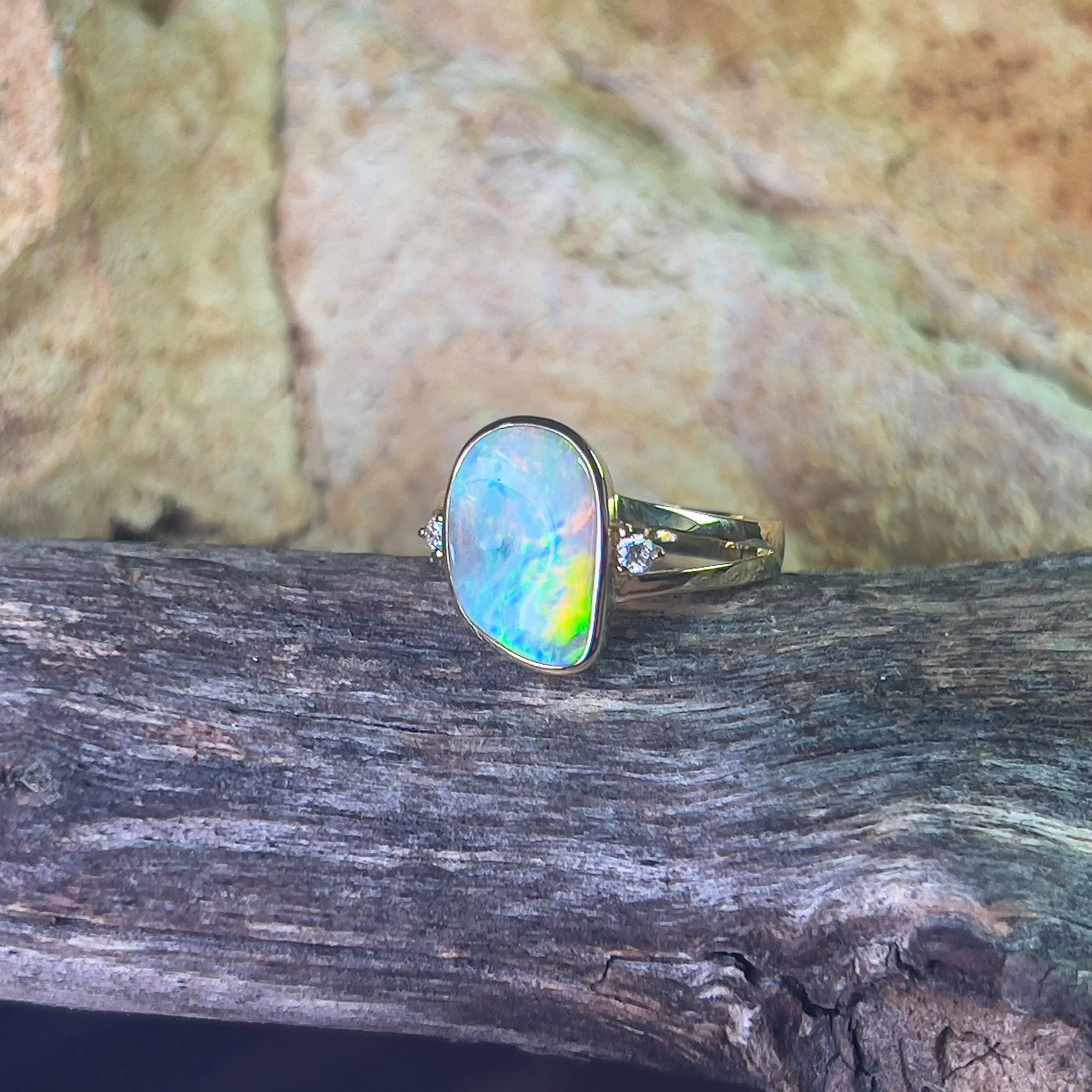 14kt Yellow gold freeform 1.53ct Crystal Opal and diamond ring