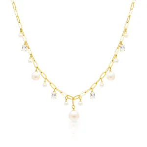 14KT Yellow Gold Pearl Topaz Briolette Chain Link Necklace