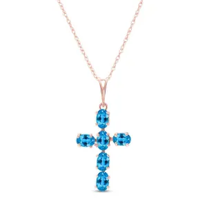 1.5 Carat 14K Solid Rose Gold Cross Necklace Natural Blue Topaz