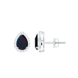 1.5 CT Classic Pear Cut Black Opal and Moissanite Halo Stud Earrings