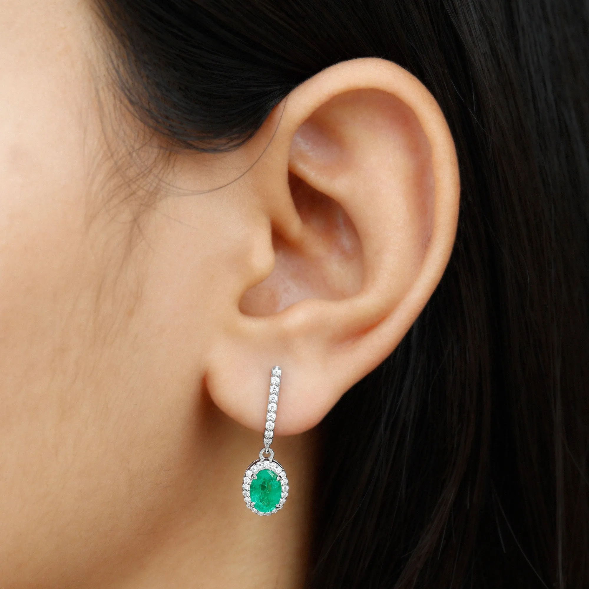 1.75 CT Classic Emerald J Hoop Drop Earrings with Diamond