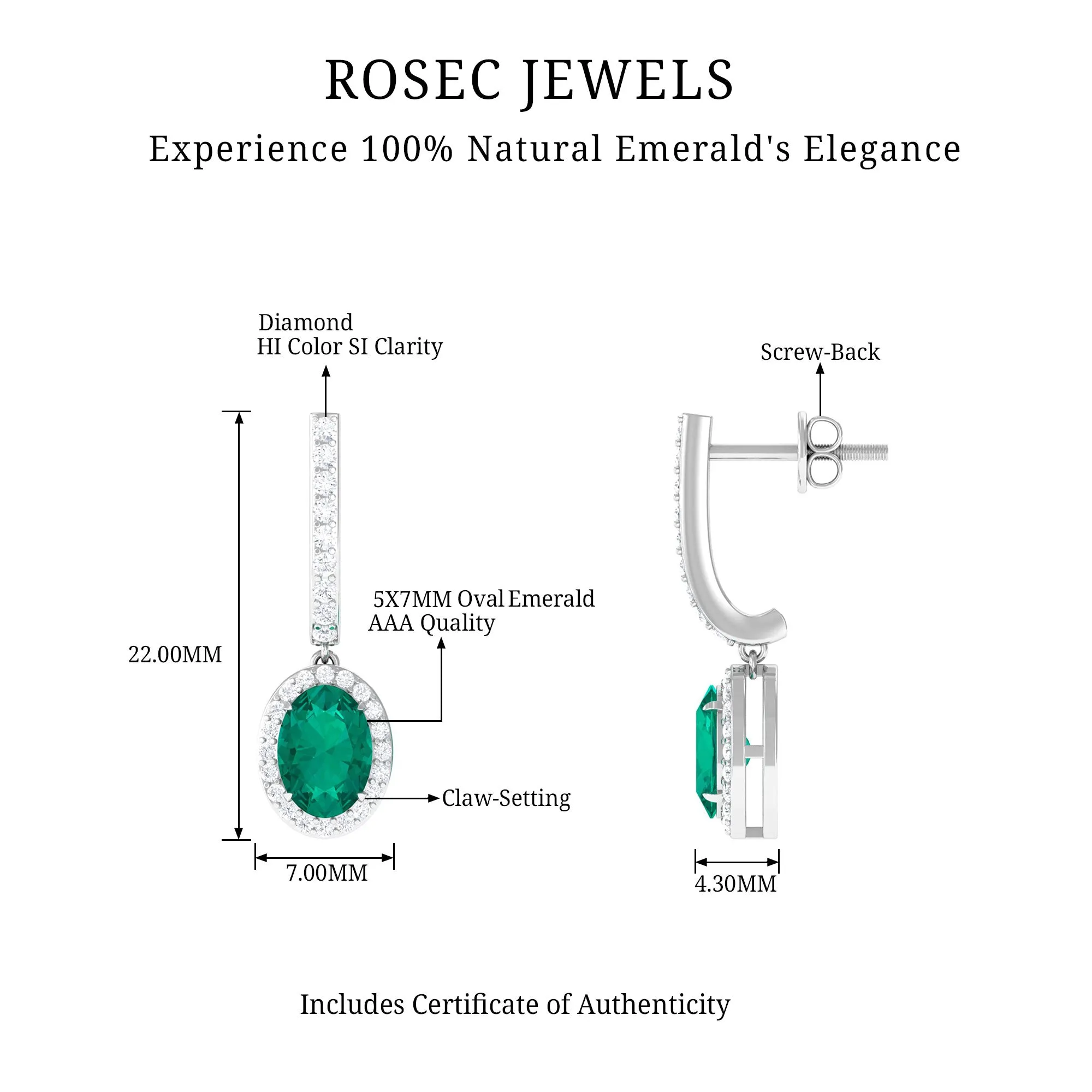 1.75 CT Classic Emerald J Hoop Drop Earrings with Diamond