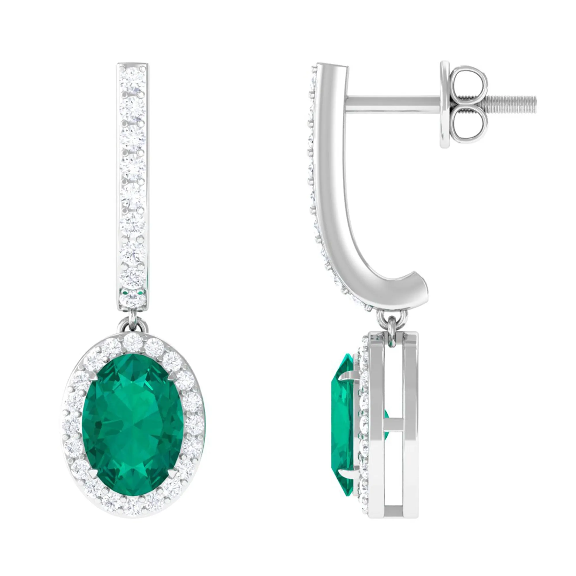 1.75 CT Classic Emerald J Hoop Drop Earrings with Diamond