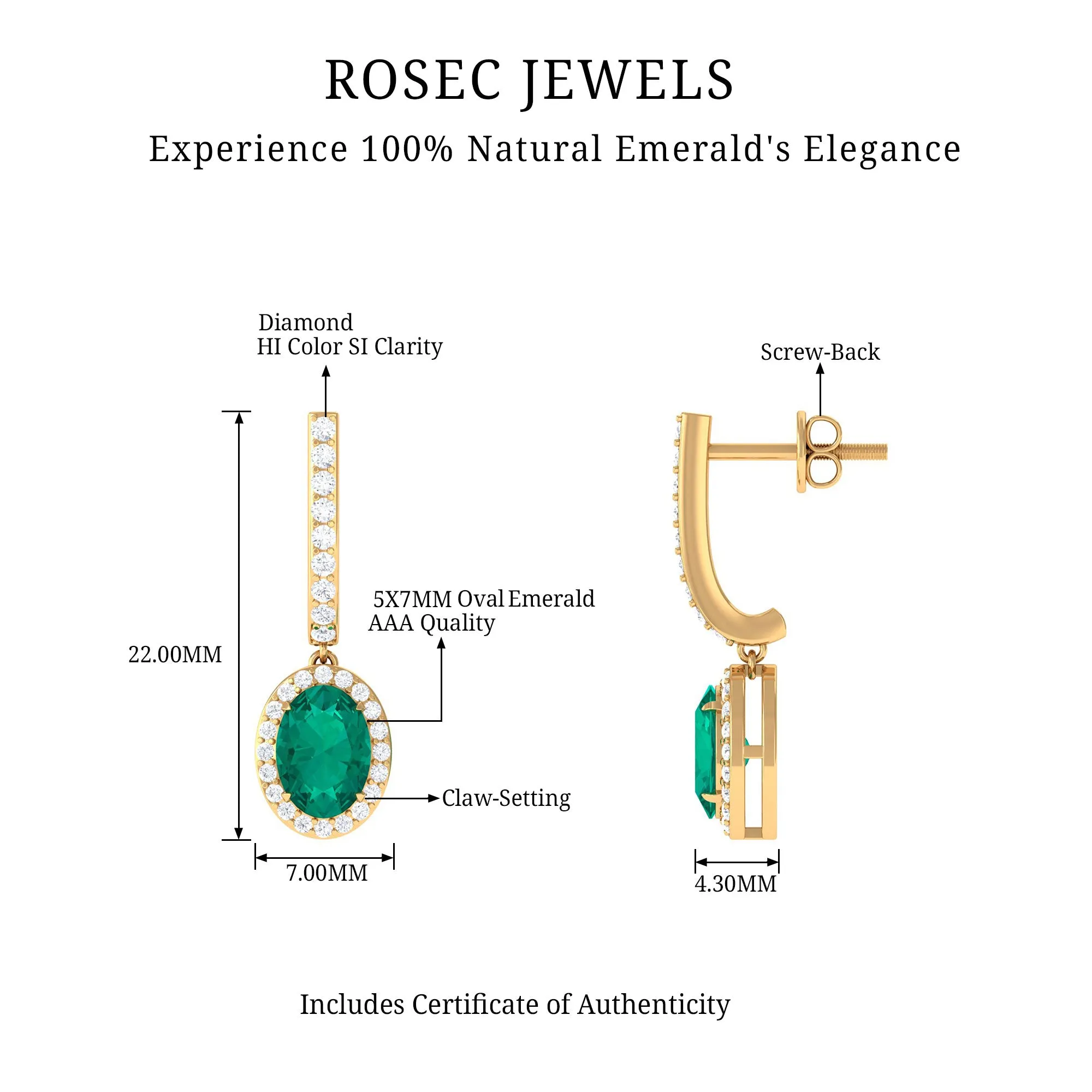 1.75 CT Classic Emerald J Hoop Drop Earrings with Diamond