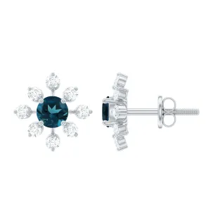 1.75 CT London Blue Topaz and Diamond Flower Stud Earrings