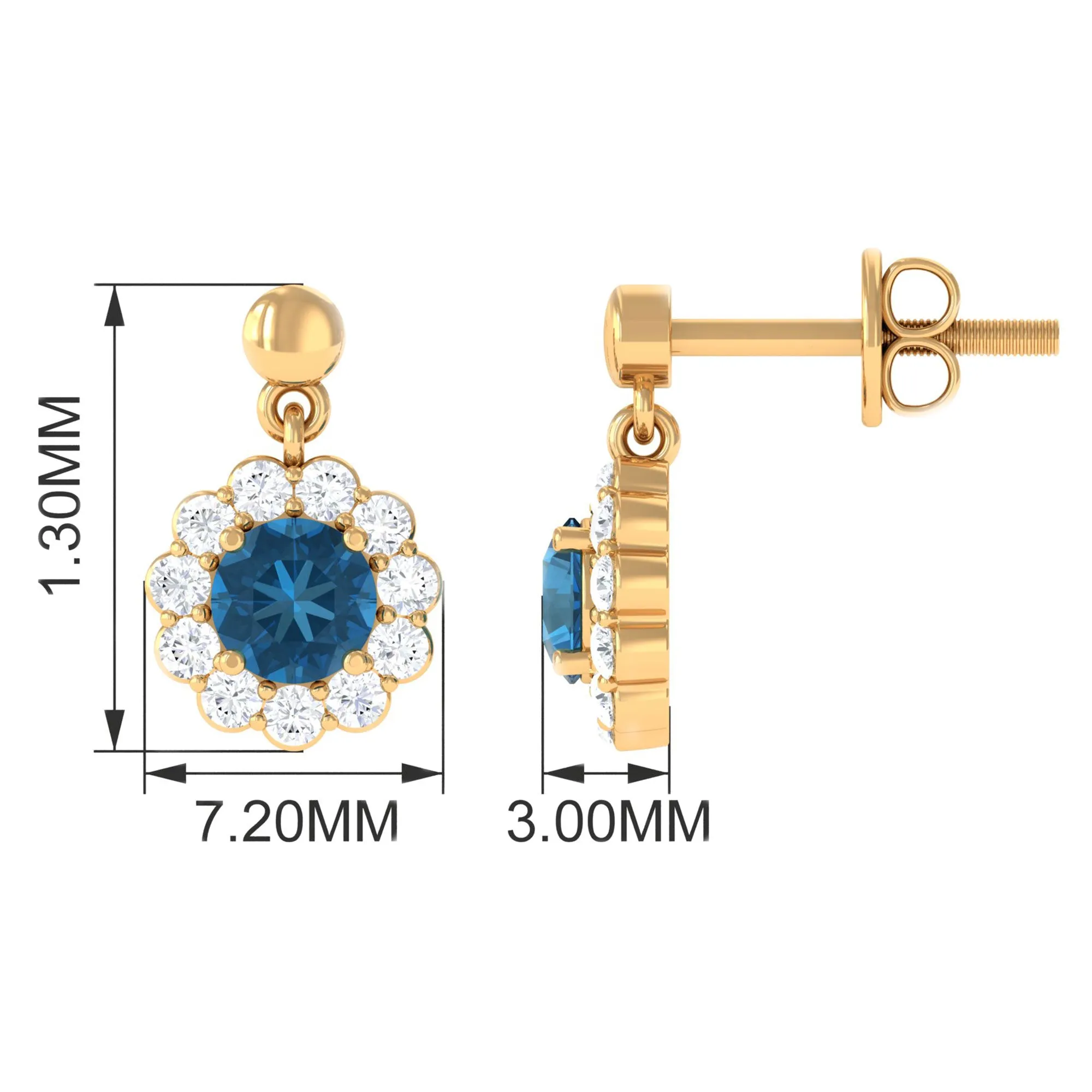 1.75 CT Real London Blue Topaz and Diamond Flower Halo Drop Earrings