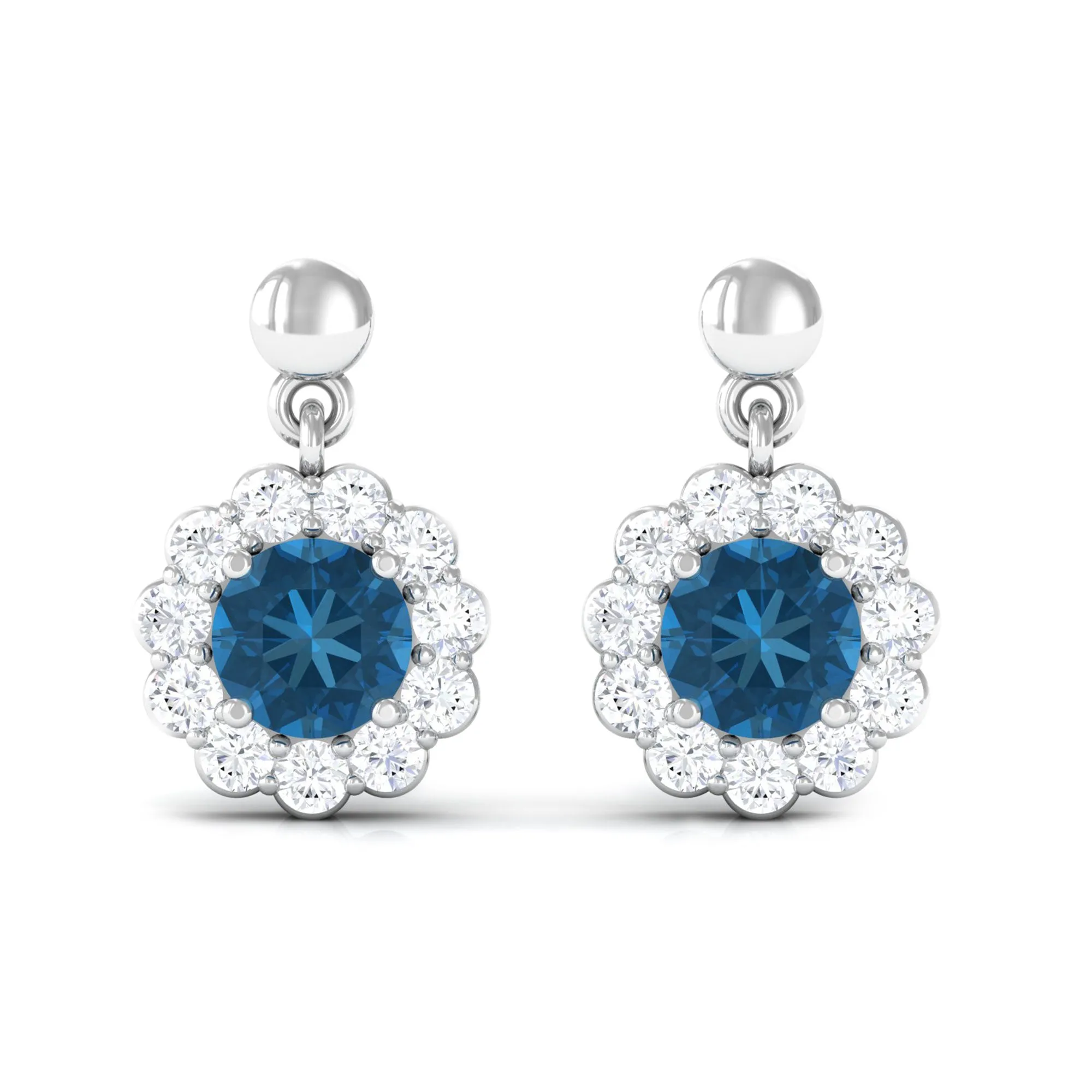 1.75 CT Real London Blue Topaz and Diamond Flower Halo Drop Earrings