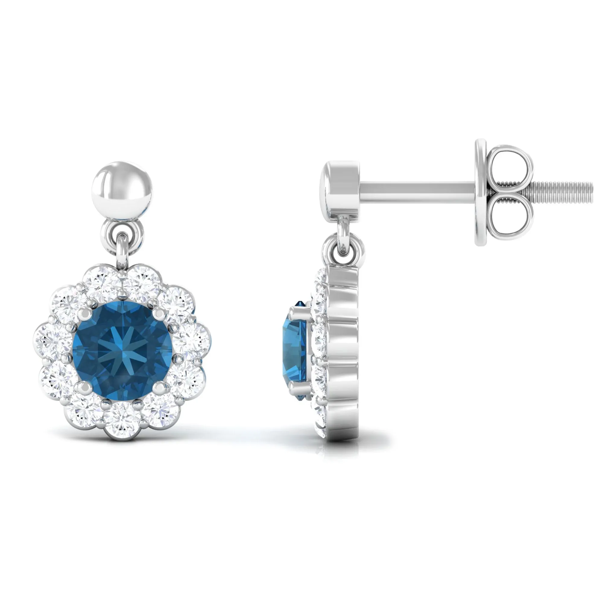 1.75 CT Real London Blue Topaz and Diamond Flower Halo Drop Earrings