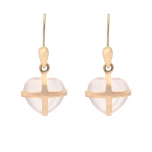 18ct Rose Gold Rose Quartz Small Cross Heart Drop Earrings