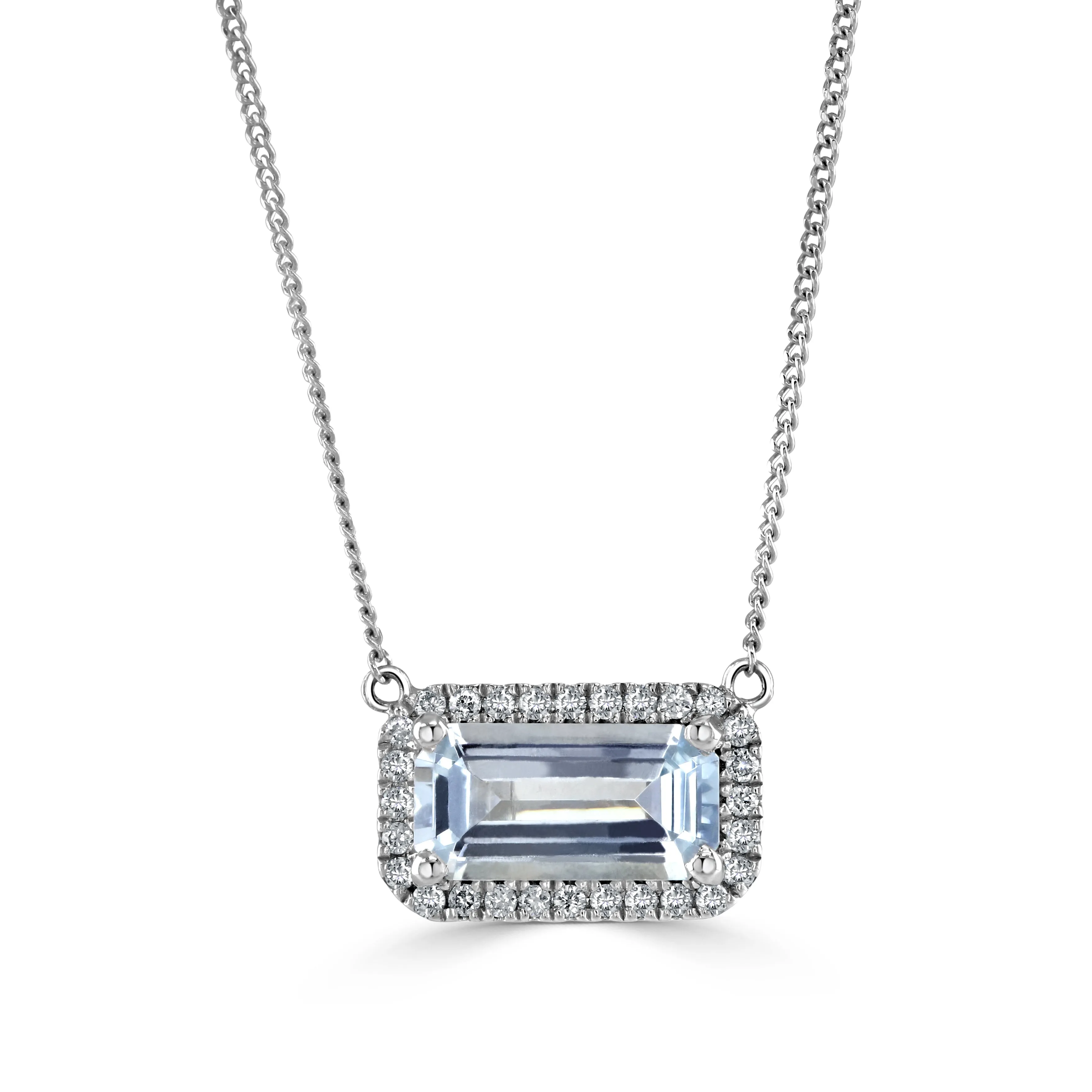 18ct White Gold 0.91ct Octagon Cut Aquamarine And 0.13ct Diamond Halo Necklace