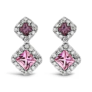 18ct White Gold Pink Sapphire & Diamond Cluster Drop Earrings