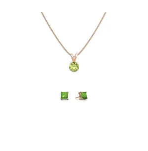 18K Rose Gold 2ct Peridot Round 18 Inch Necklace and Square Earrings Set Plated