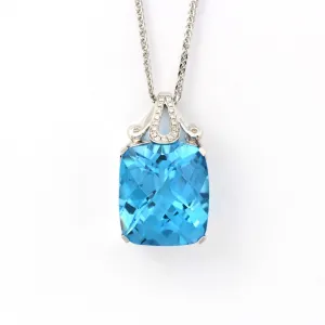 18k White Gold Genuine Swiss Blue Topaz & Diamonds Pendant Necklace