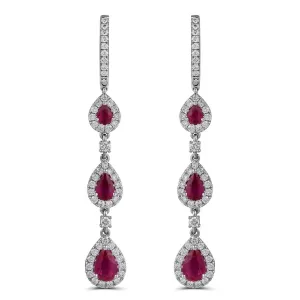 18K White Gold Pear Ruby with Diamond Halo Dangle Earrings