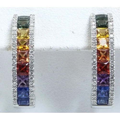 18K White Gold Raindbow Sapphire & Diamond Wide Hoop Earrings