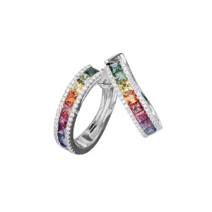 18K White Gold Raindbow Sapphire & Diamond Wide Hoop Earrings